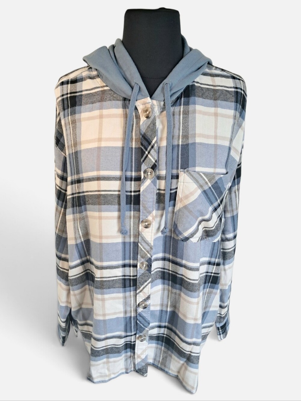 Maurices Plaid Hooded Blue Boyfriend Button Down Size XL